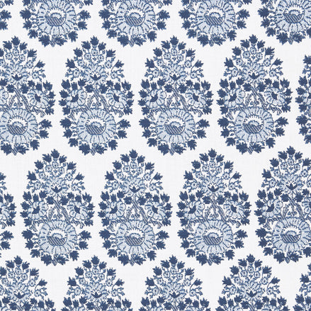 A blue and white paisley pattern featuring block prints, the Lanka Azure Performance Fabric by John Robshaw.