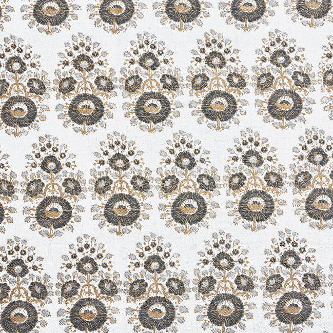 A black and gold paisley pattern on a white background, showcasing the exquisite traditional craftsmanship of John Robshaw's Lanka Metallic Fabric hand block printed fabrics.