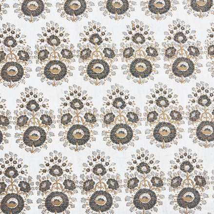 A black and gold paisley pattern, showcasing the exquisite traditional craftsmanship of John Robshaw's Lanka Metallic Fabric hand block printed fabrics.