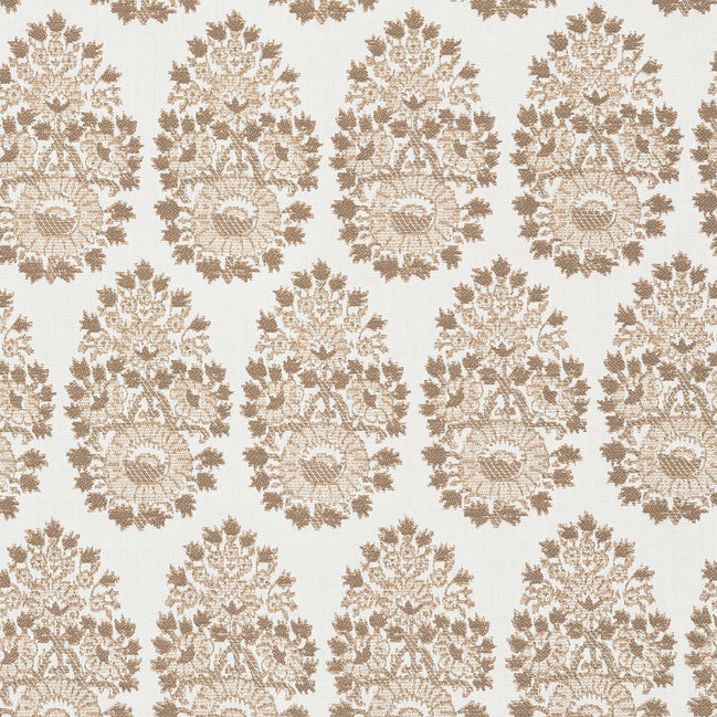 A beige and brown paisley pattern on a white background, featuring block prints is showcased on the Lanka Sand Performance Fabric by John Robshaw.