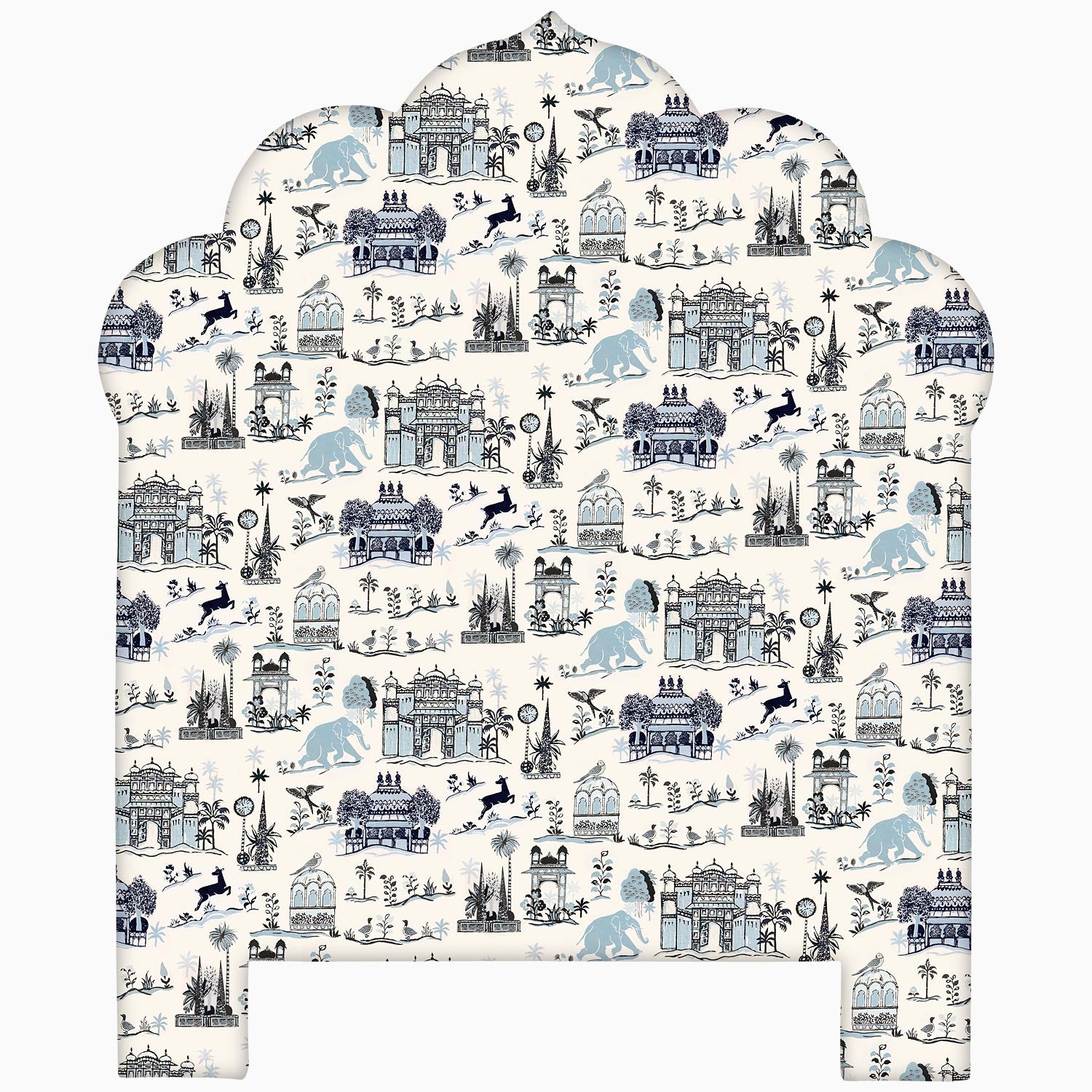 A John Robshaw Custom Bihar Headboard with a blue and white pattern, available for white glove delivery.