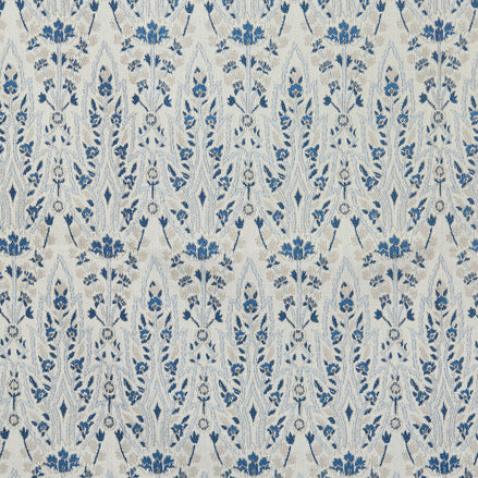 A Marmar Azure Performance Fabric by John Robshaw, blue and white patterned fabric.