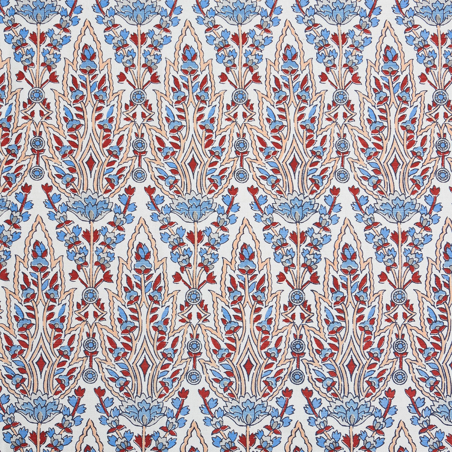 A beautiful blue and red floral pattern resembling the blooming gardens of Mughal, hand block printed on a pristine white background using the Marmar Coral Fabric by John Robshaw.