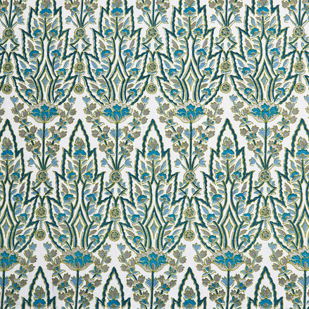 Blue and green Marmar Peacock Fabric pattern inspired by Mughal gardens, designed by John Robshaw.