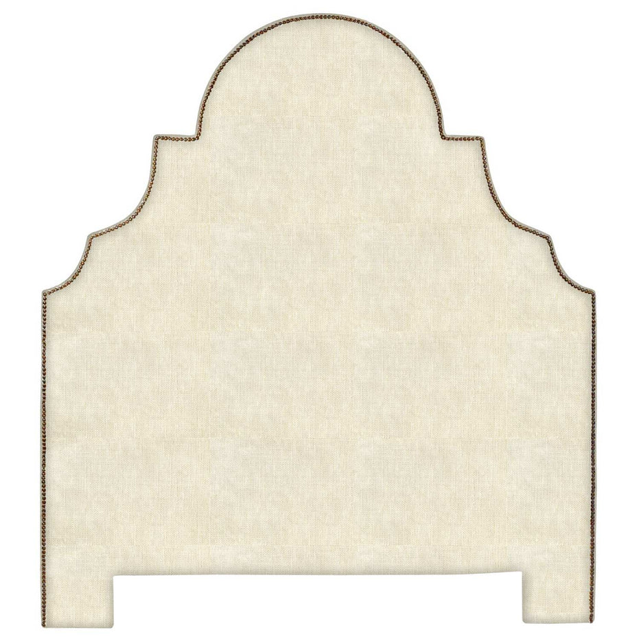 A beige John Robshaw headboard with a wooden frame that includes white glove delivery.