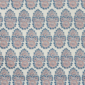A blue and pink paisley pattern that showcases the Lanka Primrose Performance Fabric by John Robshaw, which highlights fabric-making traditions.