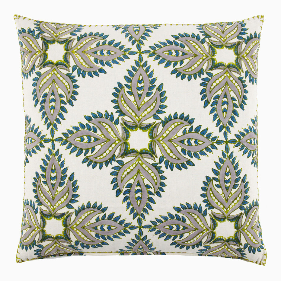 A John Robshaw Verdin Euro hand block printed decorative pillow with a green and blue design.