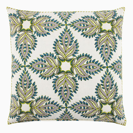 A John Robshaw Verdin Euro hand block printed decorative pillow with a green and blue design.