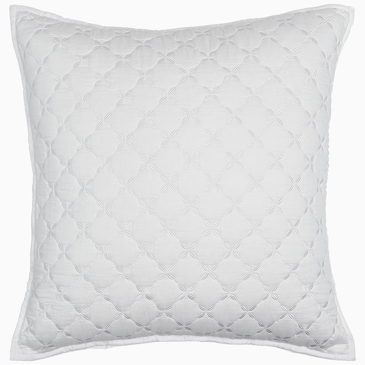 A Layla White Quilt pillow on a white background, made from cotton voile. (Brand: John Robshaw)