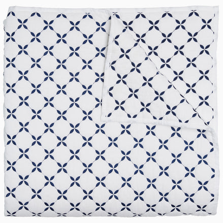 A blue and white Layla Indigo Quilt blanket with a cross design by John Robshaw.