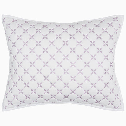 A Layla Lavender Quilt pillow with a cross design, made from cotton voile, by John Robshaw.