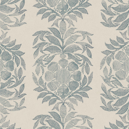 A Yashi Slate Fabric wallpaper with a floral design, handmade by John Robshaw.