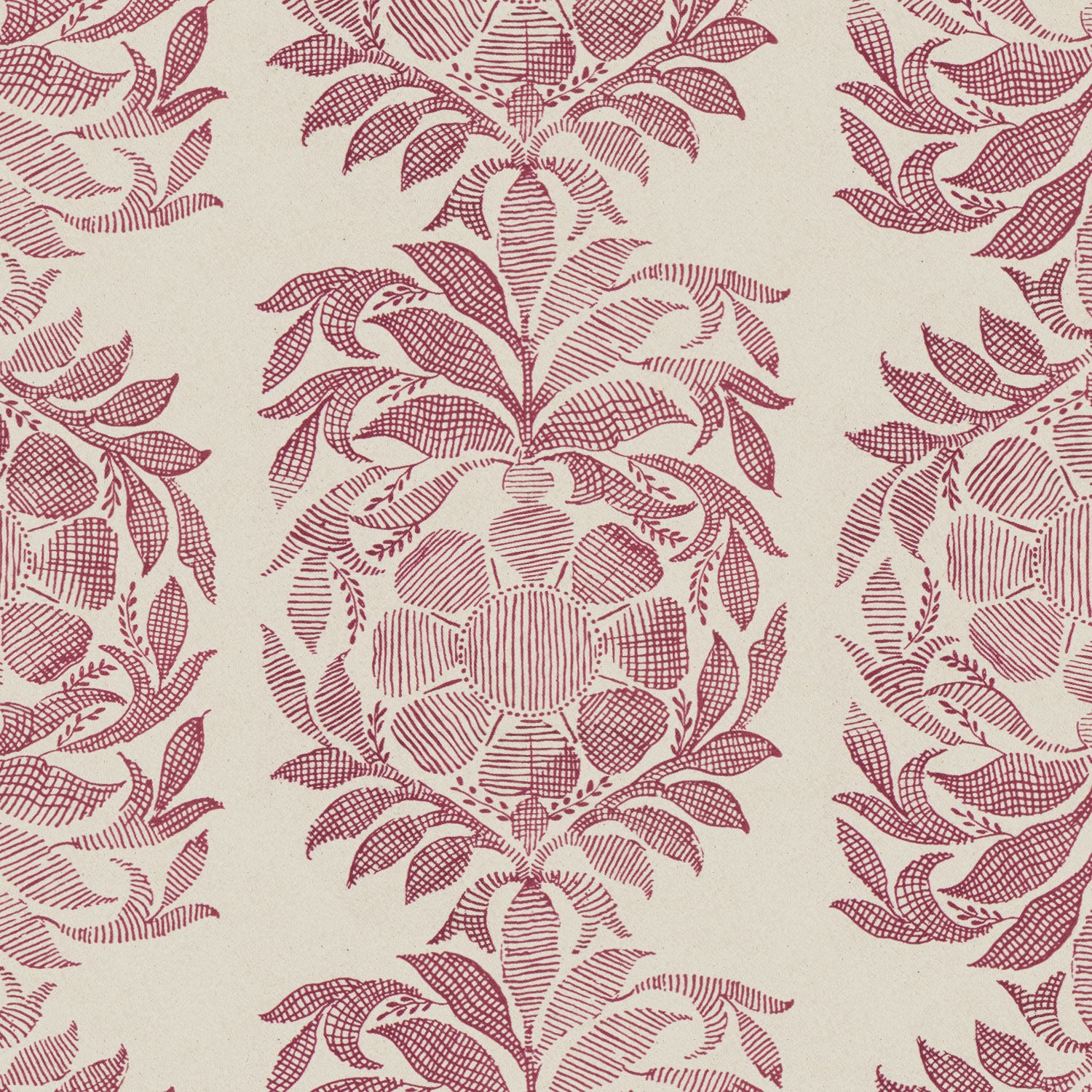 A burgundy and beige floral pattern on a beige background, digitally printed for exceptional Yashi Berry Fabric quality by John Robshaw.