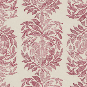 A burgundy and beige floral pattern on a beige background, digitally printed for exceptional Yashi Berry Fabric quality by John Robshaw.