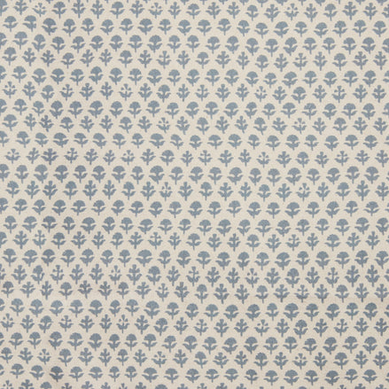 A John Robshaw Bindi Slate Fabric with a blue and white floral pattern.