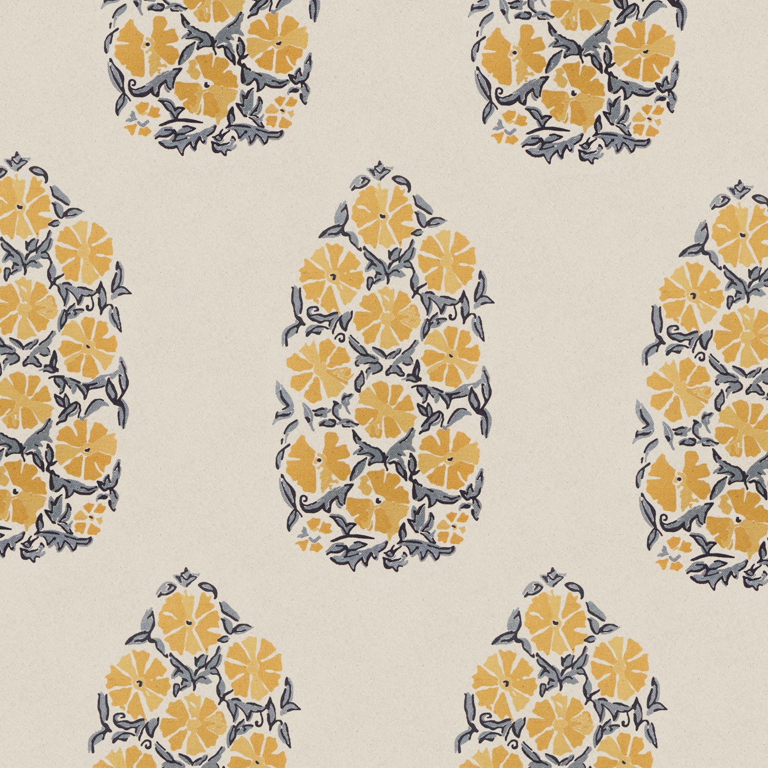 An oversized floral buta print in yellow and grey on a beige background, featuring the Saanya Marigold Fabric from John Robshaw.