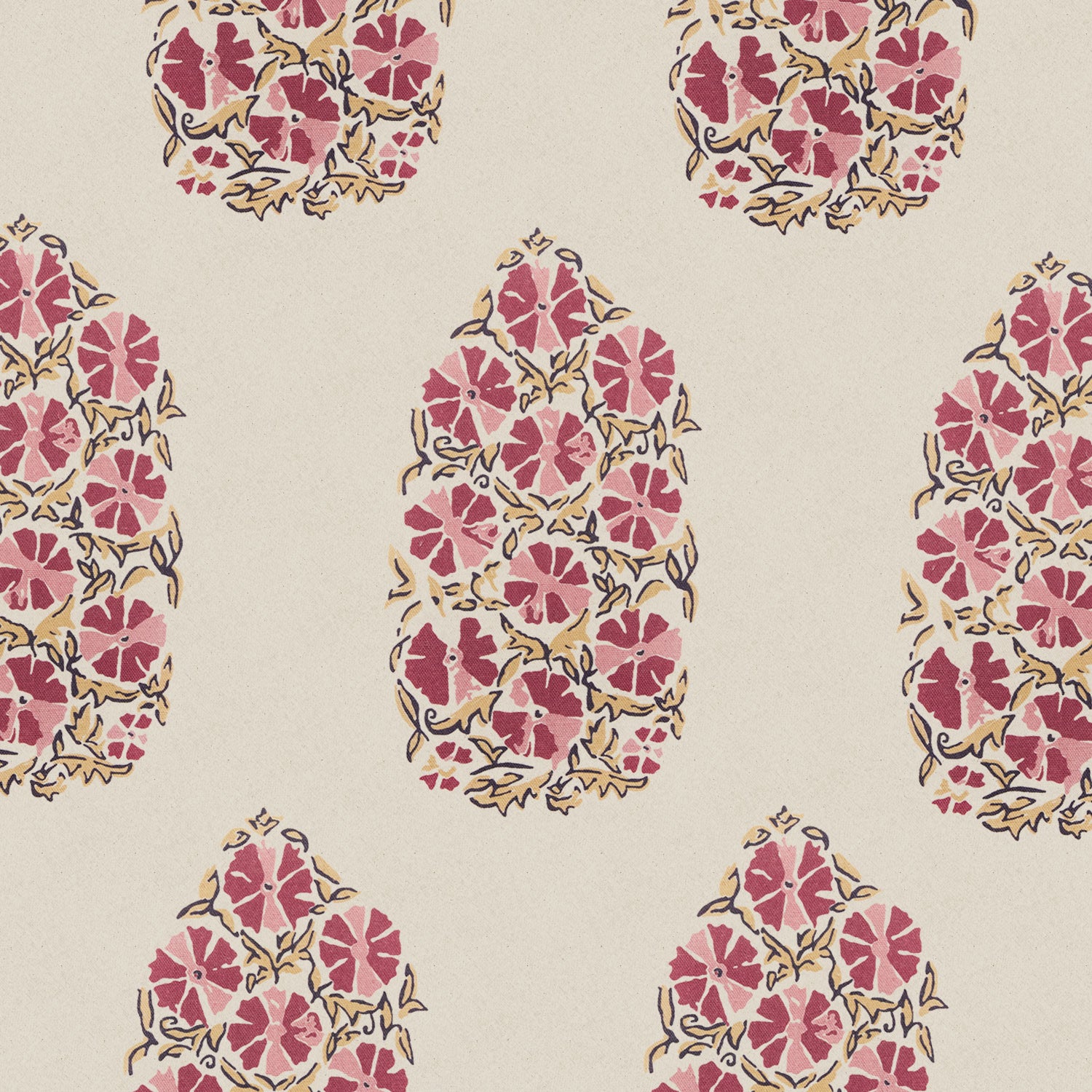A pink and yellow floral pattern on an oversized beige background, featuring the Saanya Berry Fabric by John Robshaw.