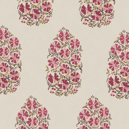 A pink and yellow floral pattern on an oversized beige background, featuring the Saanya Berry Fabric by John Robshaw.