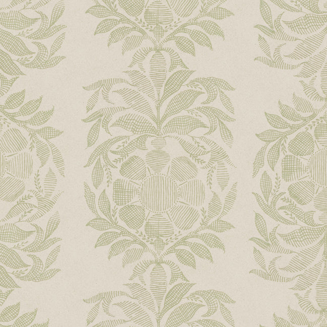 A John Robshaw Yashi Sage Fabric with a green and beige printed design.