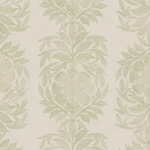 A John Robshaw Yashi Sage Fabric with a green and beige printed design.