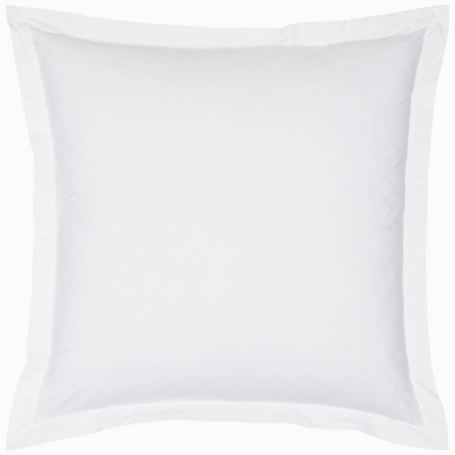 An Anketi White Organic Sheet Set by John Robshaw, featuring hand embroidered designs, made from organic cotton percale and long-staple fibers, placed on a white background.