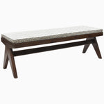 A vintage wooden bench in Lanka Clay by John Robshaw with a patterned seat. - 29410430058542