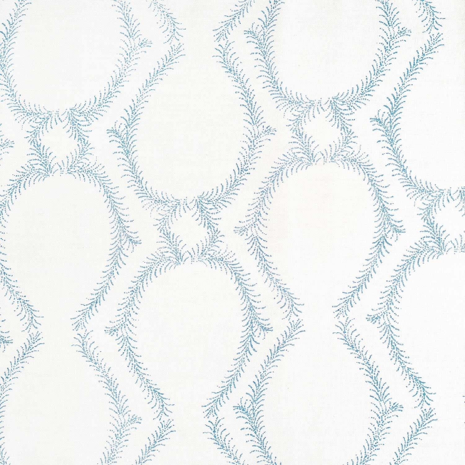 A blue and white pattern inspired by traditional craftsmanship creates a stunning design on a white background, using the Aerial Light Indigo Fabric by John Robshaw.