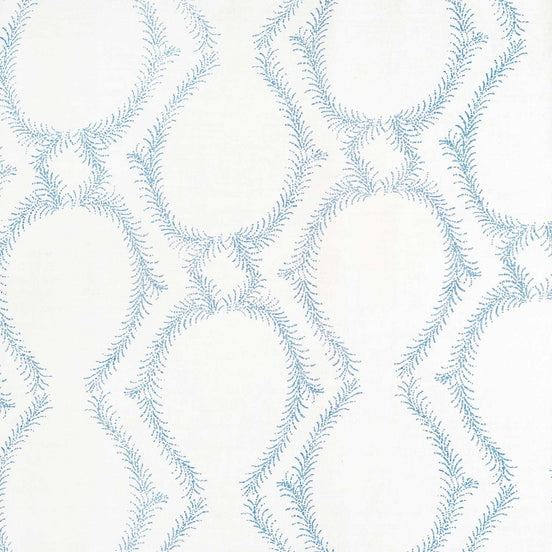 A blue and white pattern inspired by traditional craftsmanship creates a stunning design on a white background, using the Aerial Light Indigo Fabric by John Robshaw.