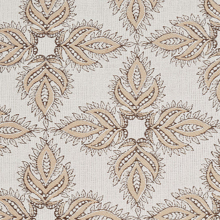 A floral fabric with a beige and brown color scheme, such as the Diba Sand Performance Fabric by John Robshaw.