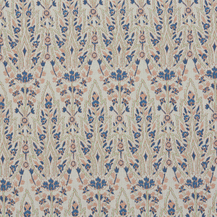 A blue and pink floral pattern reminiscent of Mughal gardens on John Robshaw's Marmar Primrose Performance Fabric.