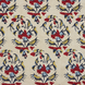 A Vijani Teak Fabric by John Robshaw, hand block printed with traditional craftsmanship, featuring beige color and vibrant designs in red, blue, and yellow.