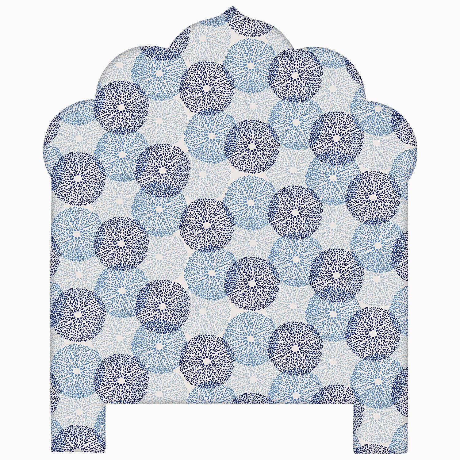 A John Robshaw Custom Bihar Headboard with a blue and white pattern, available for shipping.