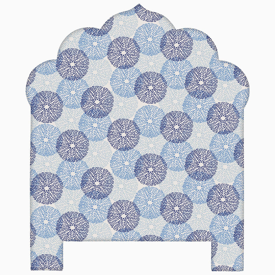 A John Robshaw Custom Bihar Headboard with a blue and white pattern, available for shipping.
