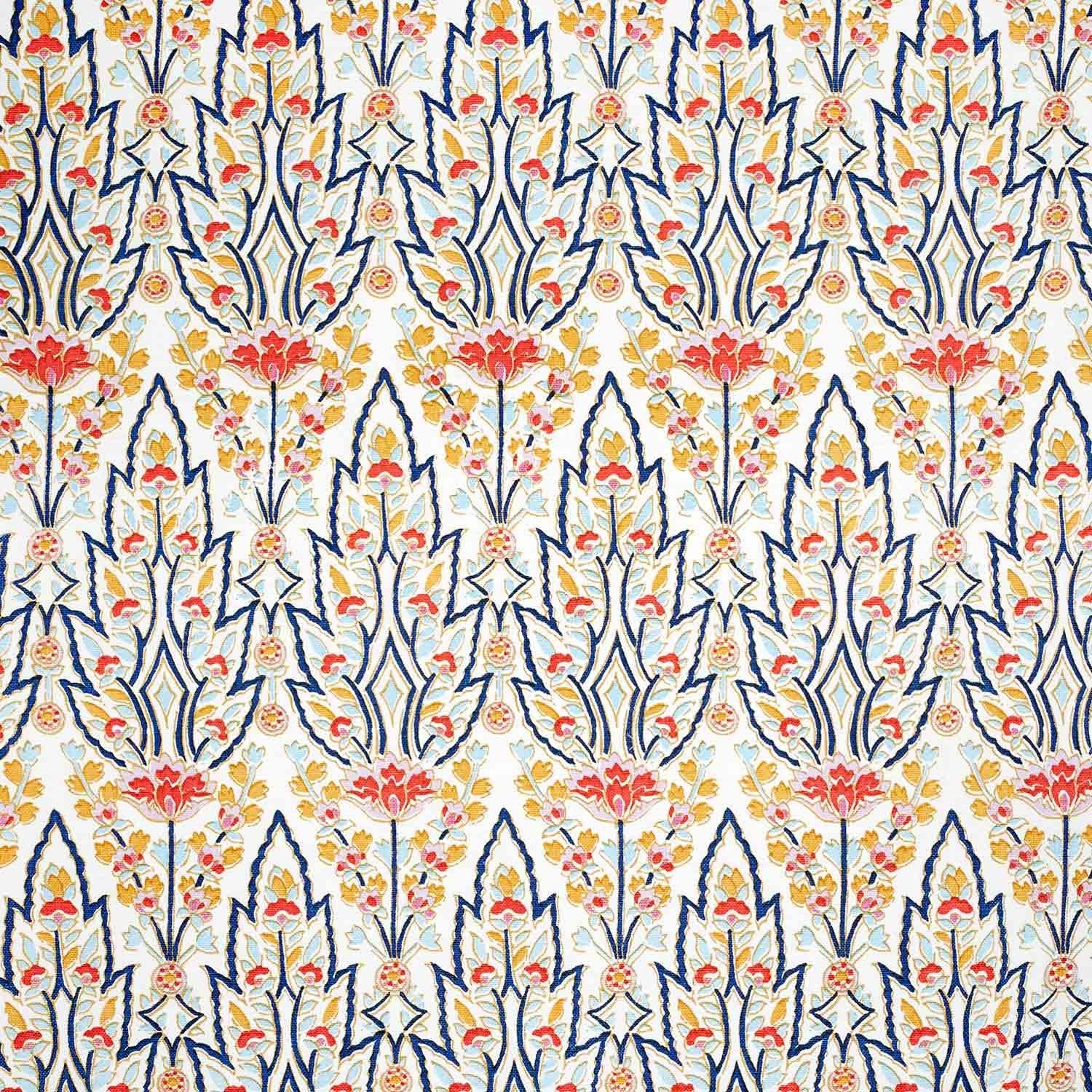 A hand block printed Marmar Kashmir Fabric blue and orange floral pattern on a white background, inspired by Mughal gardens, by John Robshaw.