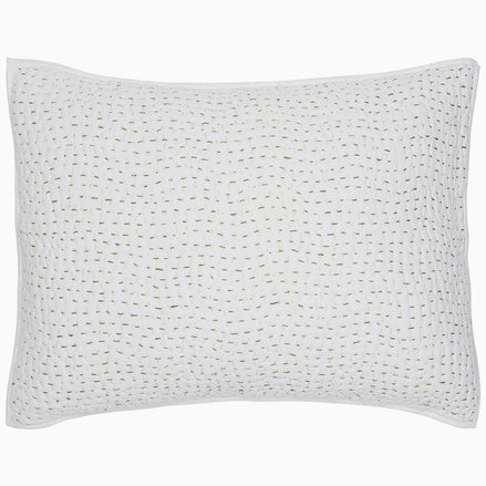A white Organic Hand Stitched Moss Quilt pillow with hand stitched green dots on organic cotton voile by John Robshaw.